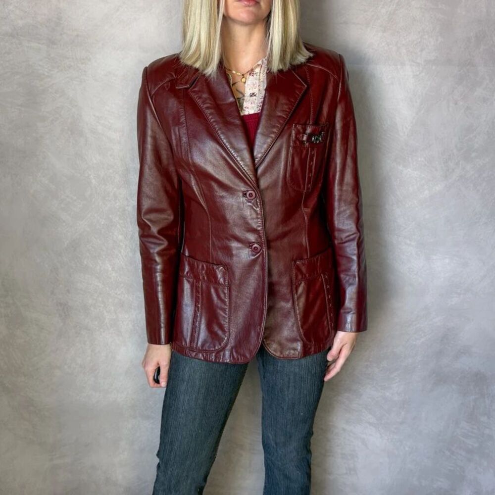 Vintage Etienne Aigner Oxblood Leather Blazer Size 14 Equestrian Horsebit Jacket